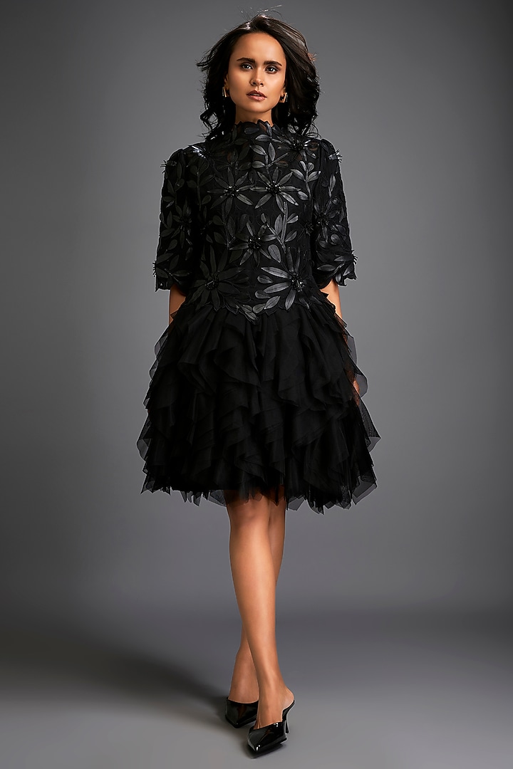 Black Net & Vegan leather Floral Applique Work Dress With Skirt by Deepika Arora at Pernia's Pop Up Shop