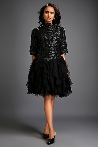 Black Net & Vegan leather Floral Applique Work Dress by Deepika Arora