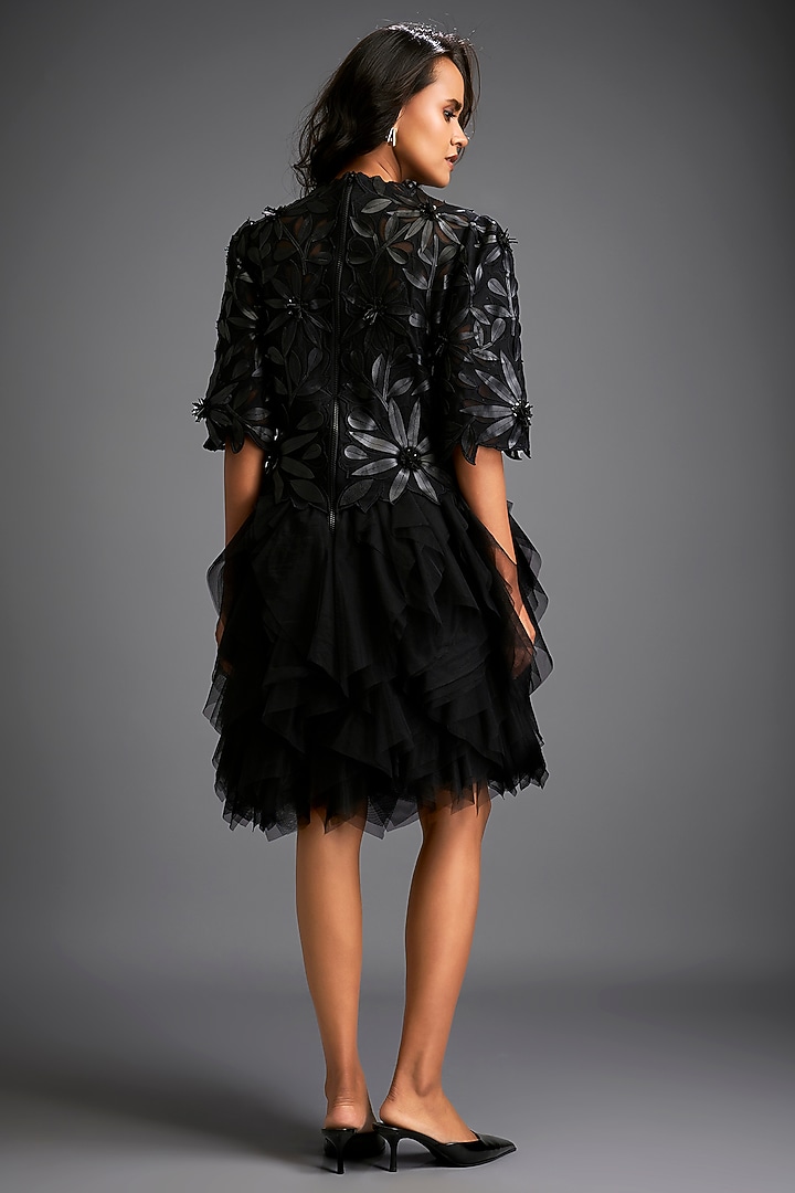 Black Net & Vegan leather Floral Applique Work Vacation Dress by Deepika Arora at Pernia's Pop Up Shop
