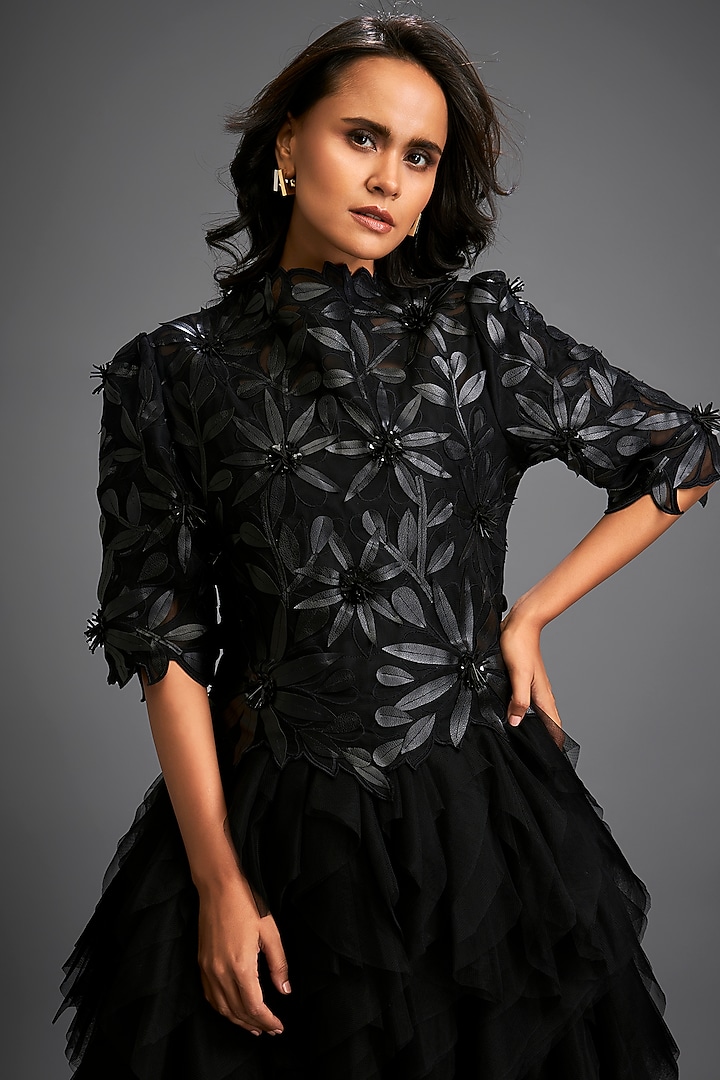 Black Net & Vegan leather Floral Applique Work Vacation Dress by Deepika Arora at Pernia's Pop Up Shop