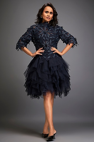 Navy Blue Net & Vegan leather Floral Applique Work Dress With Skirt by Deepika Arora