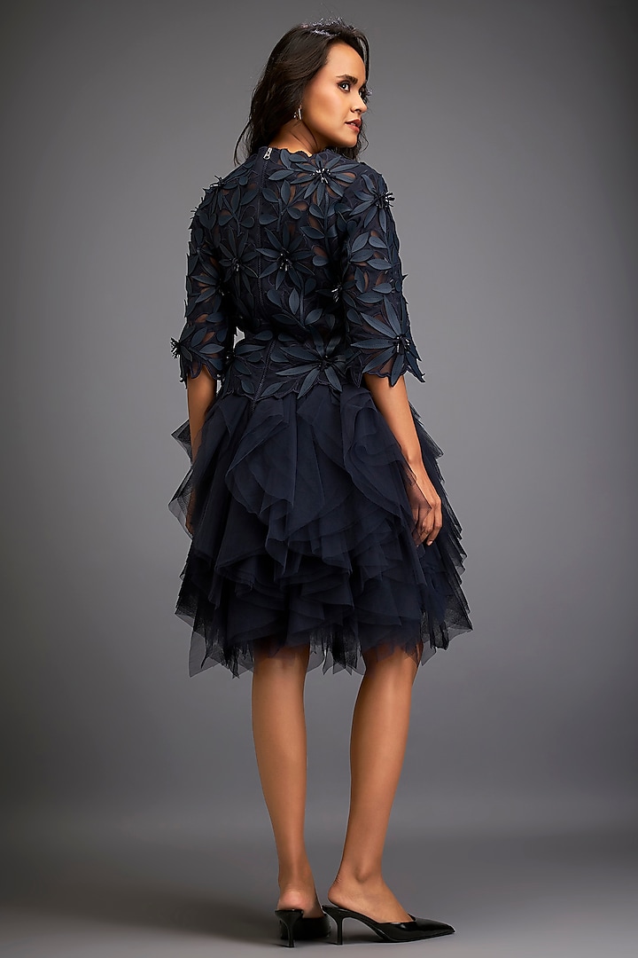Navy Blue Net & Vegan leather Floral Applique Work Vacation Dress With Skirt by Deepika Arora at Pernia's Pop Up Shop