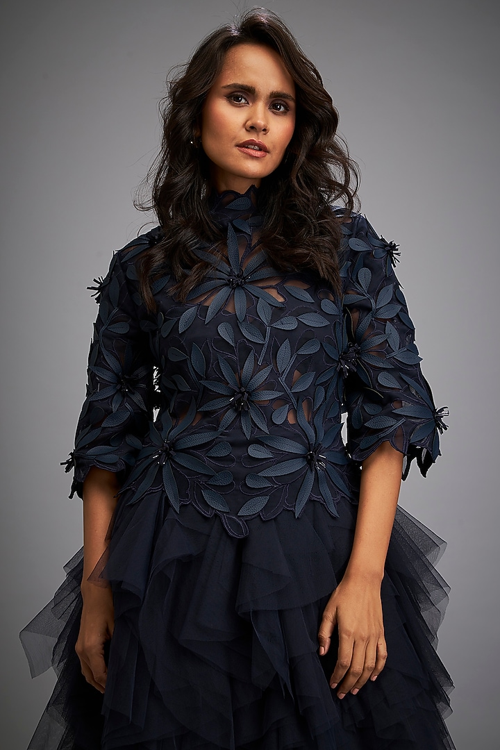 Navy Blue Net & Vegan leather Floral Applique Work Vacation Dress With Skirt by Deepika Arora at Pernia's Pop Up Shop