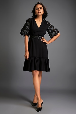 Black Net & Vegan Leather Ruffled Dress by Deepika Arora