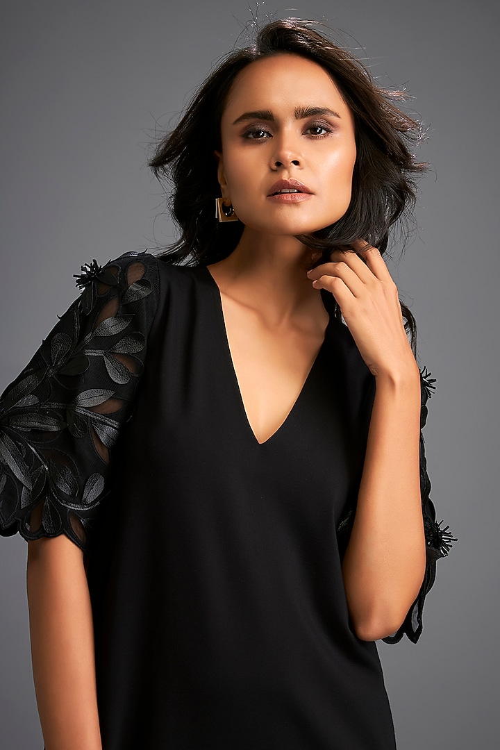 Black Net & Vegan Leather Ruffled Summer Dress by Deepika Arora at Pernia's Pop Up Shop