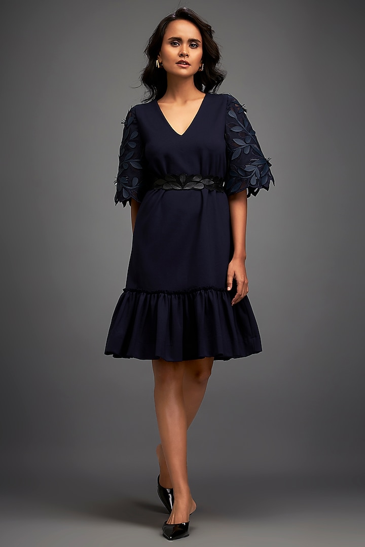 Navy Blue Net & Vegan Leather Ruffled Dress by Deepika Arora at Pernia's Pop Up Shop