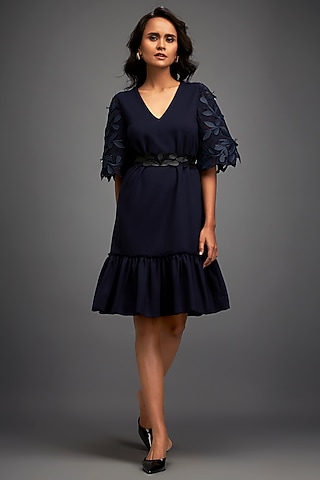Navy Blue Net & Vegan Leather Ruffled Dress by Deepika Arora