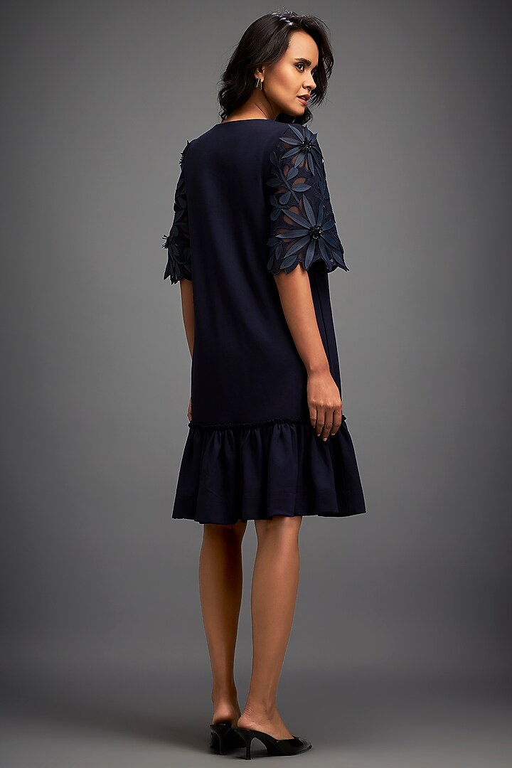 Navy Blue Net & Vegan Leather Ruffled Summer Dress by Deepika Arora at Pernia's Pop Up Shop
