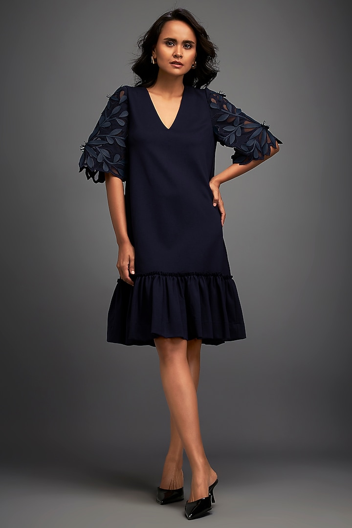 Navy Blue Net & Vegan Leather Ruffled Summer Dress by Deepika Arora at Pernia's Pop Up Shop