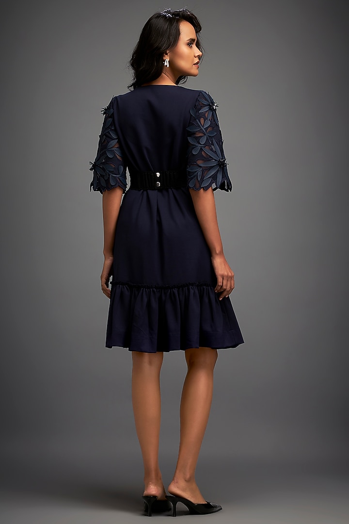 Navy Blue Net & Vegan Leather Ruffled Summer Dress by Deepika Arora at Pernia's Pop Up Shop