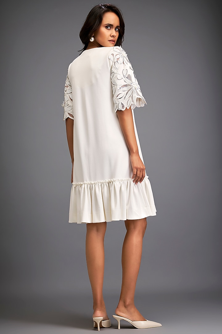 White Net & Vegan Leather Ruffled Summer Dress by Deepika Arora at Pernia's Pop Up Shop