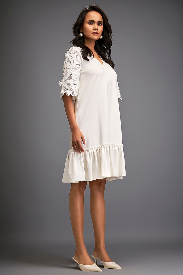 White Net & Vegan Leather Ruffled Summer Dress by Deepika Arora at Pernia's Pop Up Shop