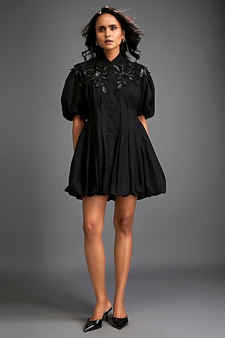 Black Cotton & Vegan Leather Structured Mini Dress by Deepika Arora