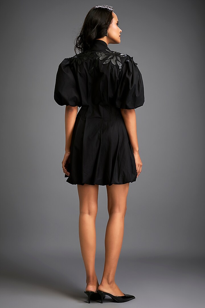 Black Cotton & Vegan Leather Structured Mini Summer Dress by Deepika Arora at Pernia's Pop Up Shop