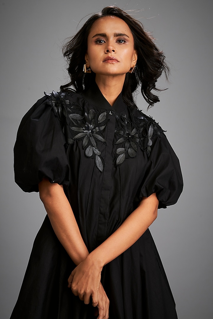 Black Cotton & Vegan Leather Structured Mini Summer Dress by Deepika Arora at Pernia's Pop Up Shop