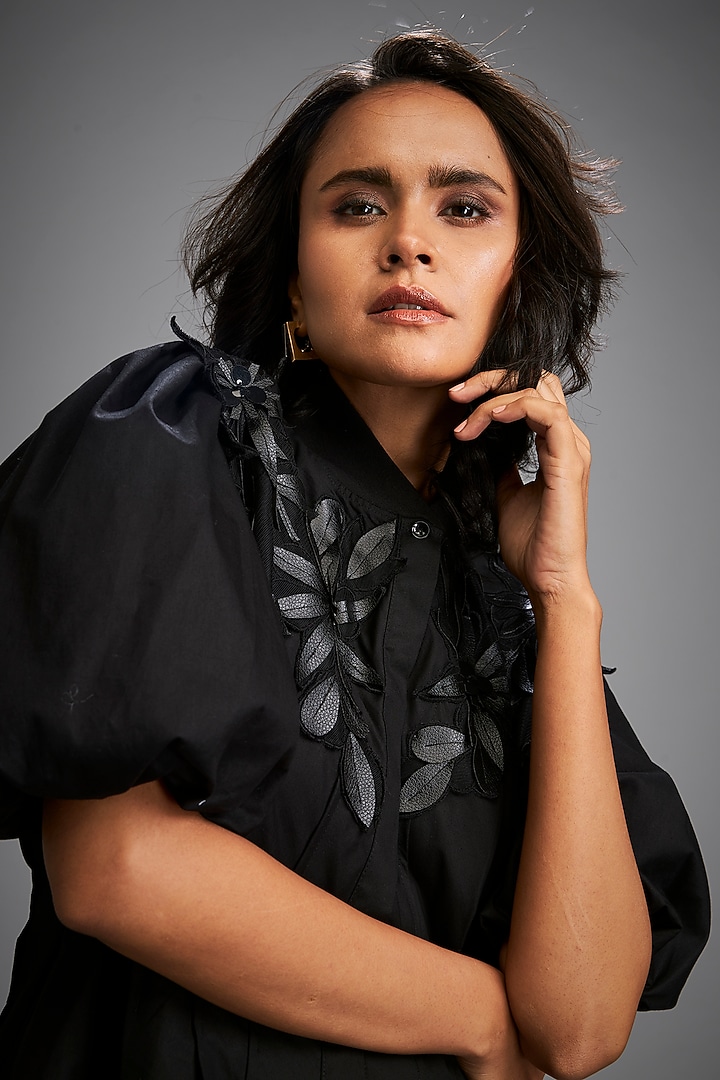 Black Cotton & Vegan Leather Structured Mini Summer Dress by Deepika Arora at Pernia's Pop Up Shop