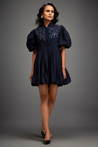 Navy Blue Cotton & Vegan Leather Structured Mini Dress by Deepika Arora