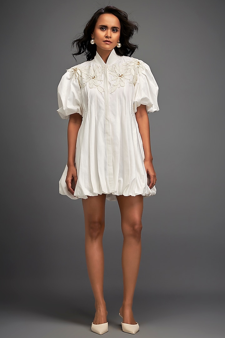 White Cotton & Vegan Leather Structured Mini Dress by Deepika Arora at Pernia's Pop Up Shop