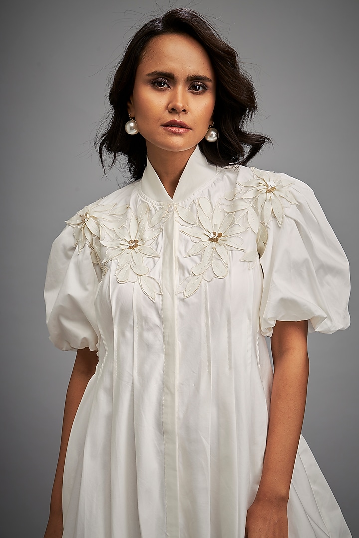 White Cotton & Vegan Leather Structured Mini Summer Dress by Deepika Arora at Pernia's Pop Up Shop