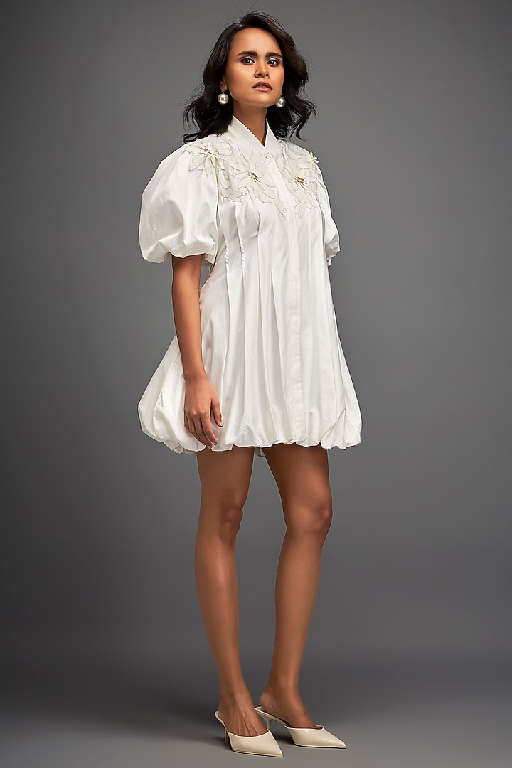 White Cotton & Vegan Leather Structured Mini Summer Dress by Deepika Arora at Pernia's Pop Up Shop