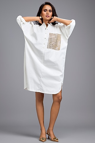 White Cotton Oversized Shirt Dress by Deepika Arora