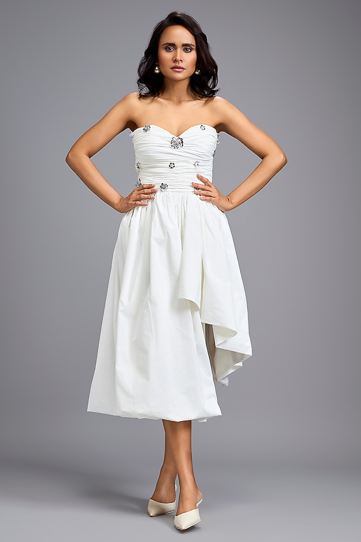 White Parachute Bead Embellished Midi Vacation Dress by Deepika Arora at Pernia's Pop Up Shop