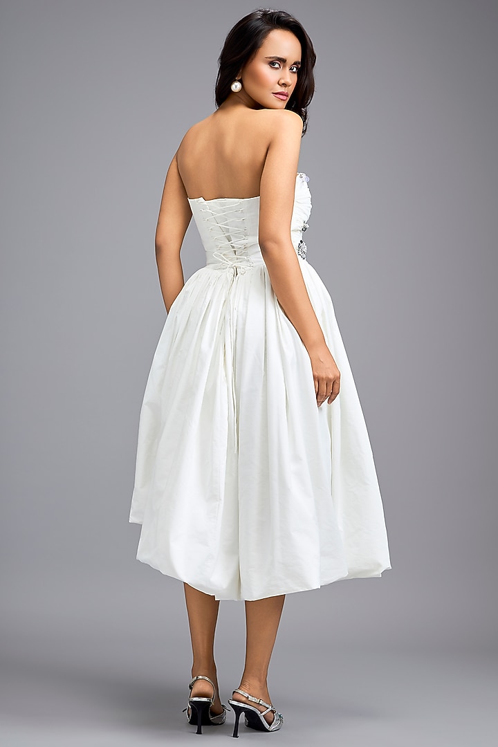 White Parachute Bead Embellished Midi Vacation Dress by Deepika Arora at Pernia's Pop Up Shop