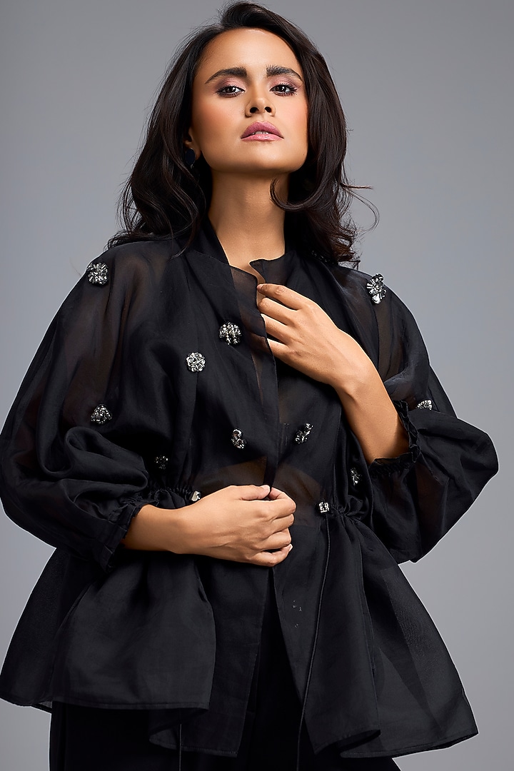 Black Organza Embellished Co-Ord Set by Deepika Arora at Pernia's Pop Up Shop