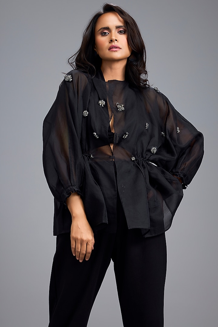 Black Organza Embellished Co-Ord Set by Deepika Arora at Pernia's Pop Up Shop
