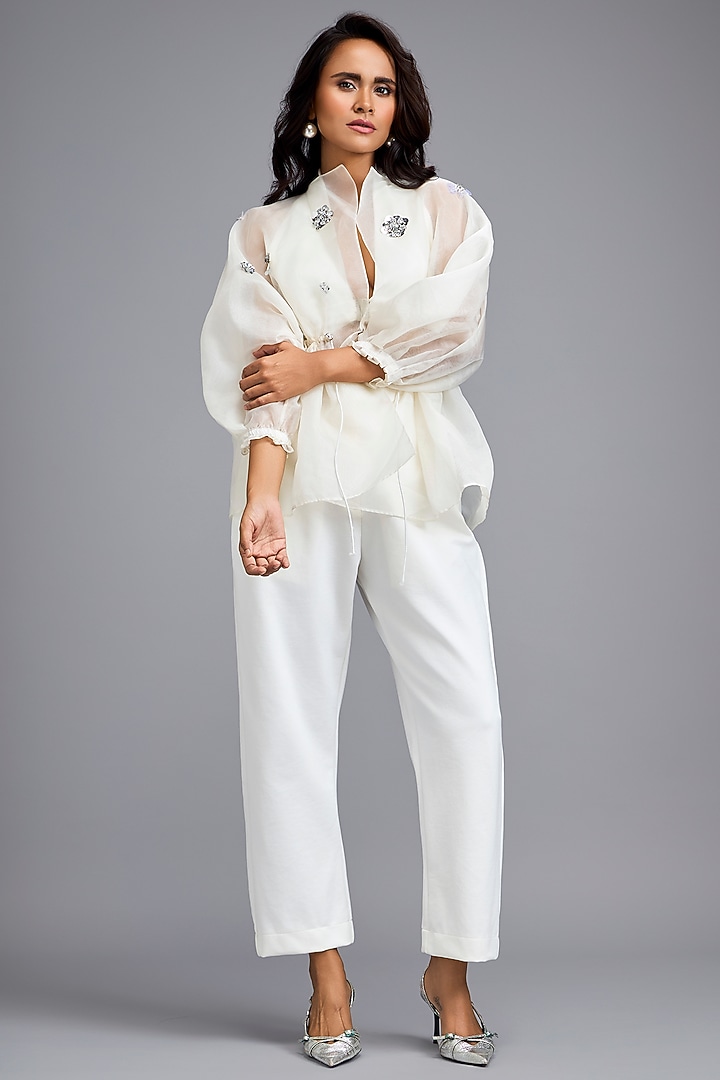 White Organza Embellished Co-Ord Set by Deepika Arora at Pernia's Pop Up Shop