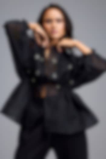 Black Organza Embellished Top by Deepika Arora at Pernia's Pop Up Shop