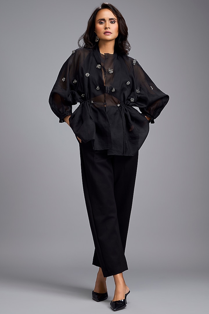 Black Organza Embellished Top by Deepika Arora at Pernia's Pop Up Shop
