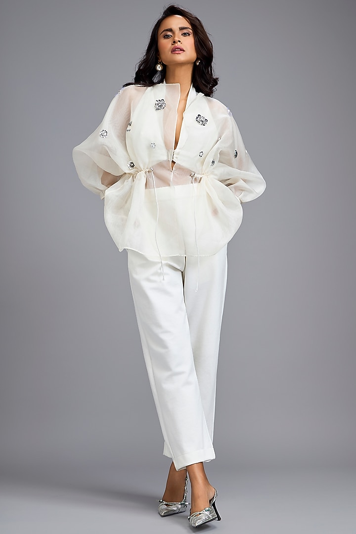 White Organza Embellished Top by Deepika Arora at Pernia's Pop Up Shop