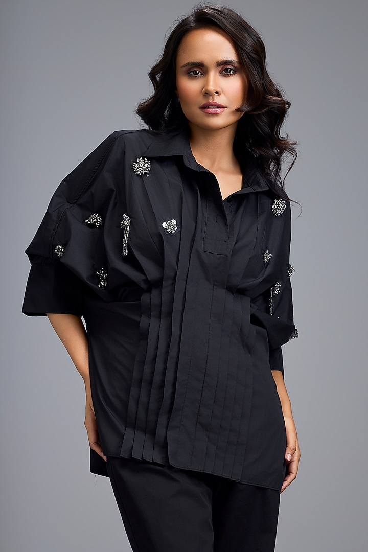 Black Cotton Embellished Co-Ord Set by Deepika Arora at Pernia's Pop Up Shop