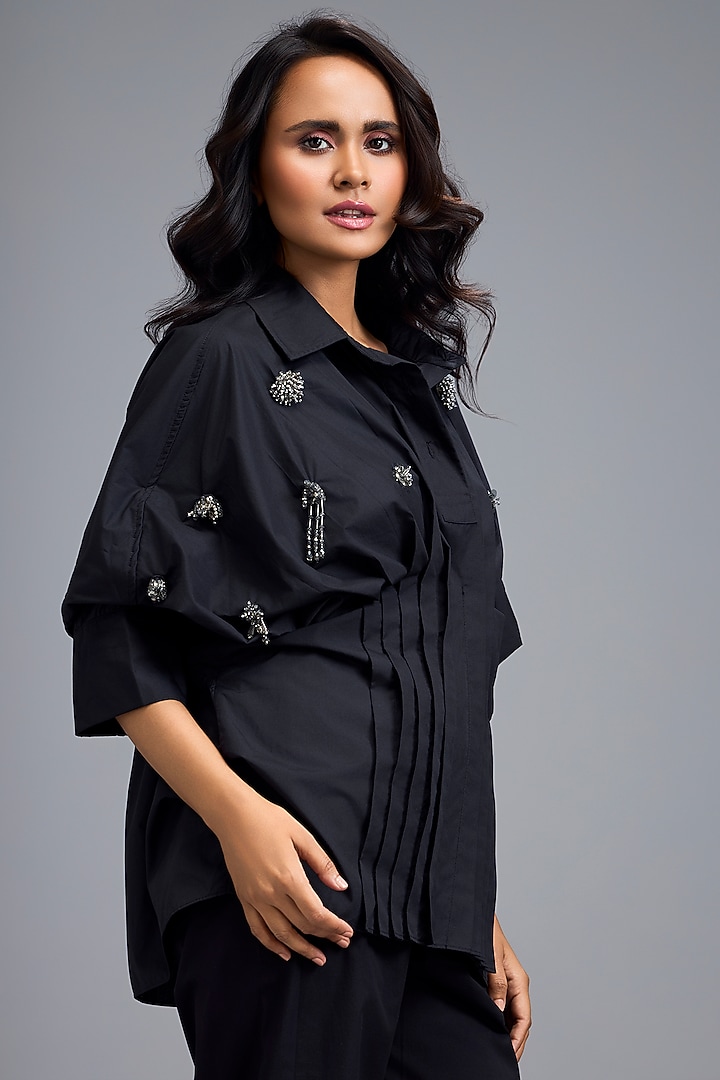 Black Cotton Embellished Shirt by Deepika Arora at Pernia's Pop Up Shop