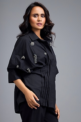 Black Cotton Embellished Shirt by Deepika Arora