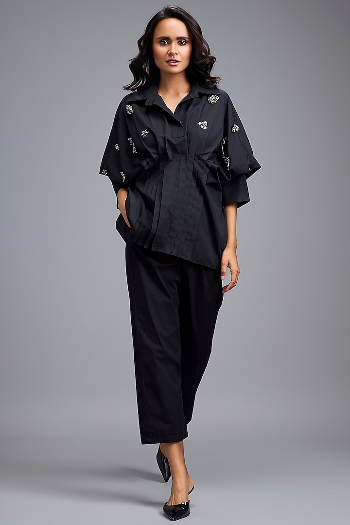 Black Cotton Embellished Shirt by Deepika Arora at Pernia's Pop Up Shop