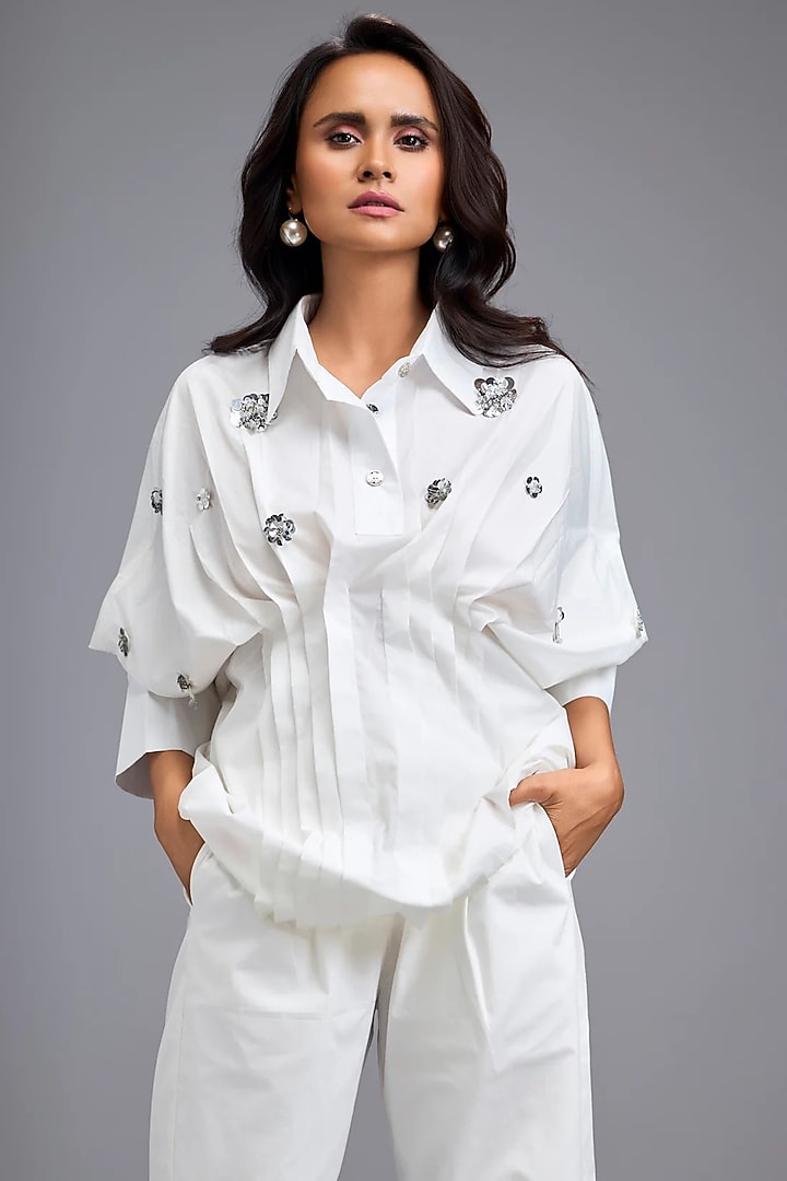 White Cotton Embellished Shirt by Deepika Arora at Pernia's Pop Up Shop