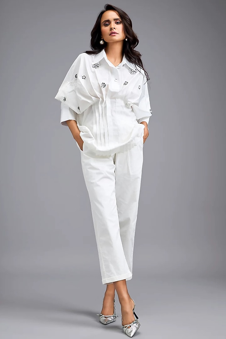 White Cotton Embellished Shirt by Deepika Arora at Pernia's Pop Up Shop