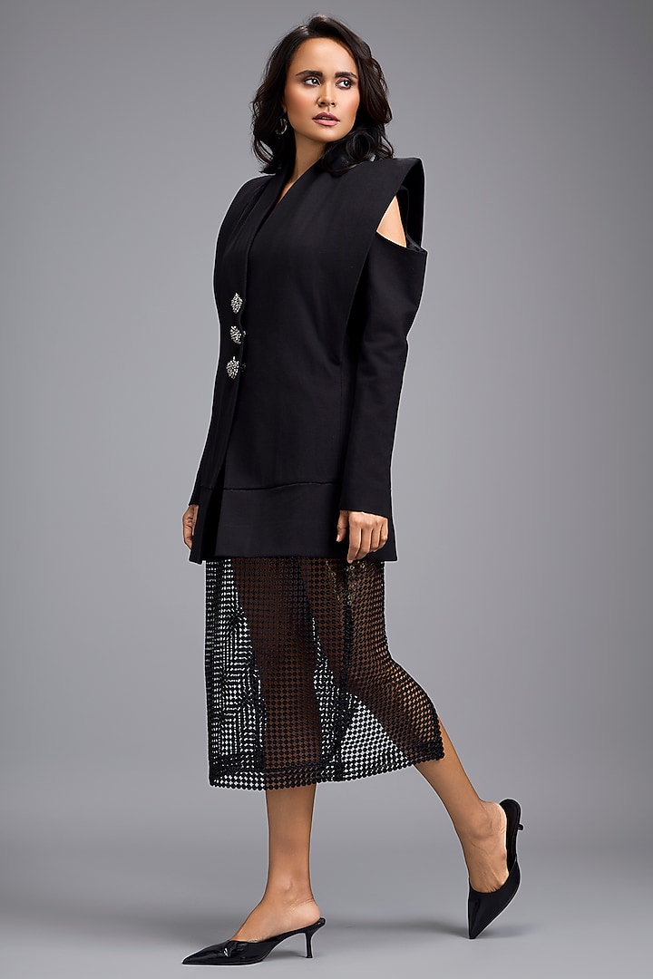 Black Roma Cold Shoulder Blazer by Deepika Arora at Pernia's Pop Up Shop