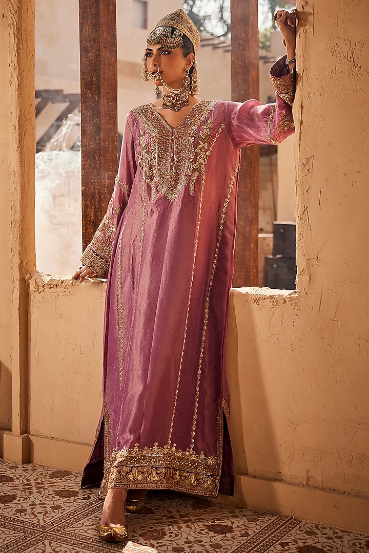 Lilac Lame Georgette Kashmiri Embroidered Kaftan by Dareaab by Sonia k Mahajan at Pernia's Pop Up Shop