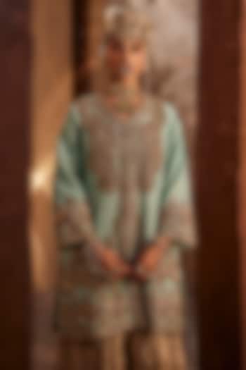 Azure Blue Wrinkled Lame Georgette Dabka Embroidered Jacket by Dareaab by Sonia k Mahajan at Pernia's Pop Up Shop