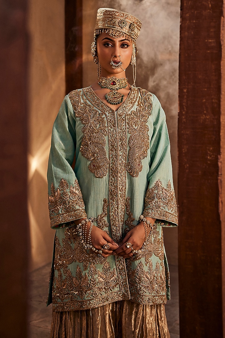 Azure Blue Wrinkled Lame Georgette Dabka Embroidered Jacket by Dareaab by Sonia k Mahajan at Pernia's Pop Up Shop