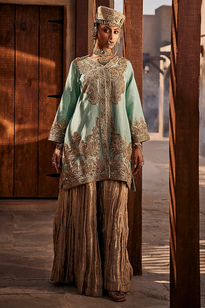 Azure Blue Wrinkled Lame Georgette Dabka Embroidered Jacket by Dareaab by Sonia k Mahajan at Pernia's Pop Up Shop