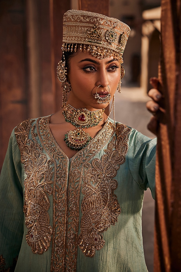 Azure Blue Wrinkled Lame Georgette Dabka Embroidered Jacket by Dareaab by Sonia k Mahajan at Pernia's Pop Up Shop