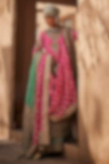 Azure Blue Wrinkled Lame Georgette Wedding Sharara Set by Dareaab by Sonia k Mahajan at Pernia's Pop Up Shop