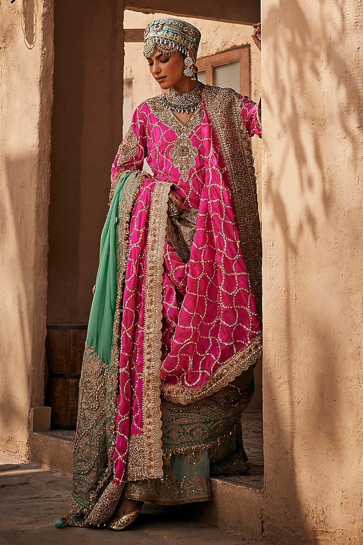 Azure Blue Wrinkled Lame Georgette Wedding Sharara Set by Dareaab by Sonia k Mahajan at Pernia's Pop Up Shop