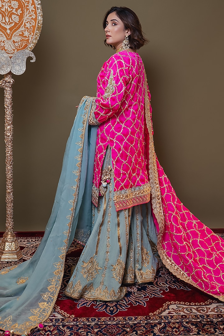 Azure Blue Wrinkled Lame Georgette Wedding Sharara Set by Dareaab by Sonia k Mahajan at Pernia's Pop Up Shop