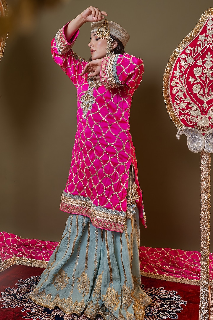Azure Blue Wrinkled Lame Georgette Wedding Sharara Set by Dareaab by Sonia k Mahajan at Pernia's Pop Up Shop