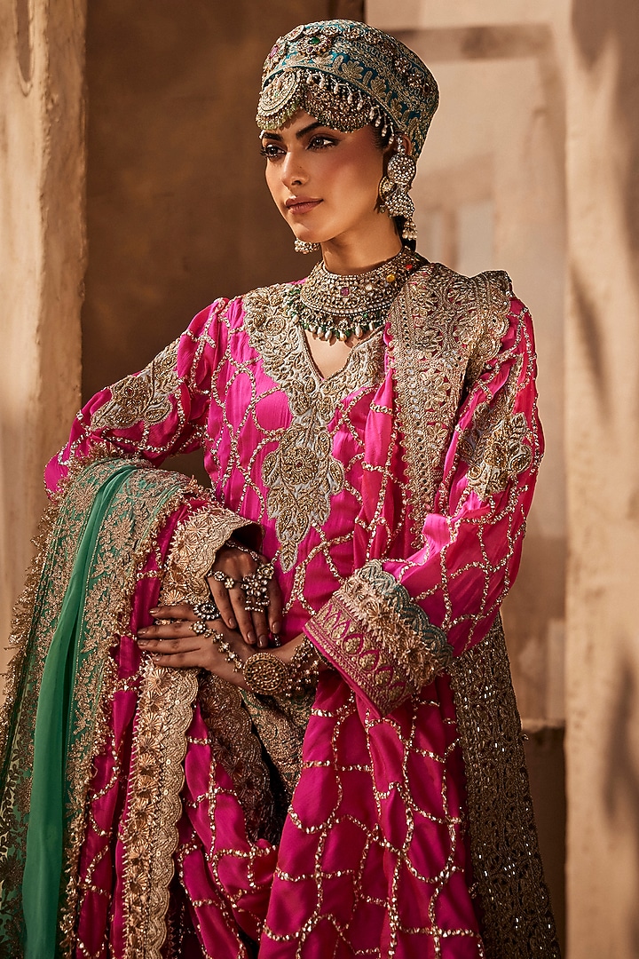 Azure Blue Wrinkled Lame Georgette Wedding Sharara Set by Dareaab by Sonia k Mahajan at Pernia's Pop Up Shop